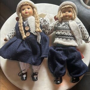 Classic Pair of Blue-Clad Kids Dolls with Knit Sweaters